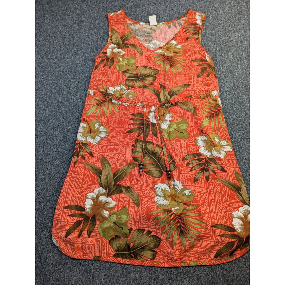 Palmawave Hawaii Womens Small Orange Tropical Hibiscus Rayon Drawstring Dress
